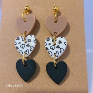 Handmade Heart Dangle Stud Earrings Beige‎ White Black Pattern Gold Tone Gifts